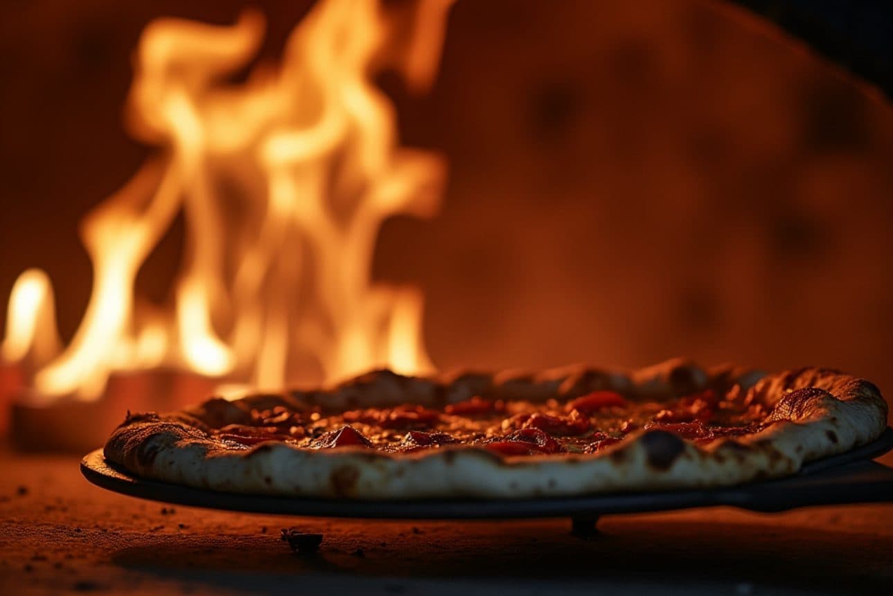 Neapolitan pizza with authentic wood-fired flames in background